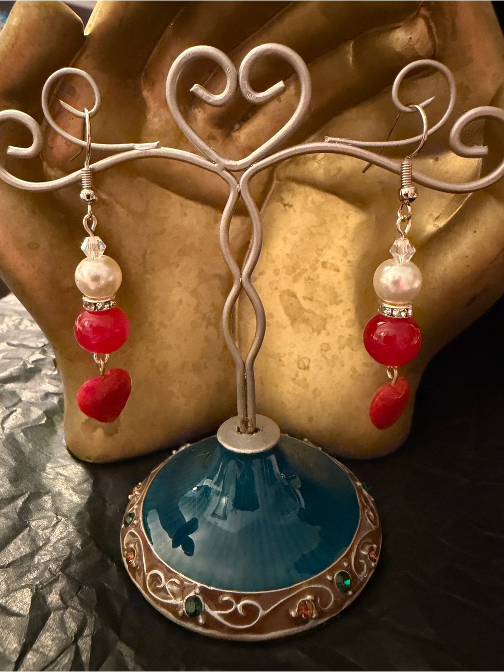 Handmade Red Bead & Pearl Dangle Red Heart Earrings - Elegant Women Jewelry
